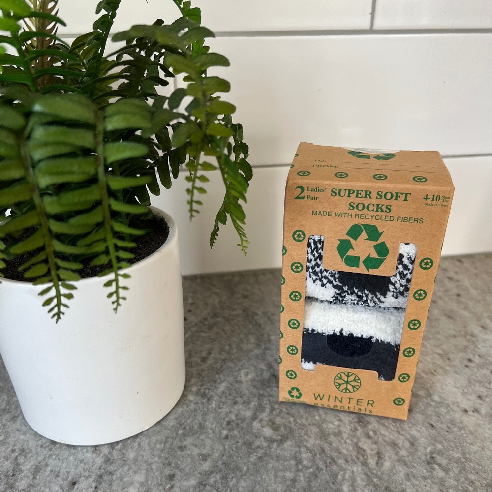 Winter Essentials Blue & White Super Soft Socks 2 pair Size 4-10 Plaid Stripes